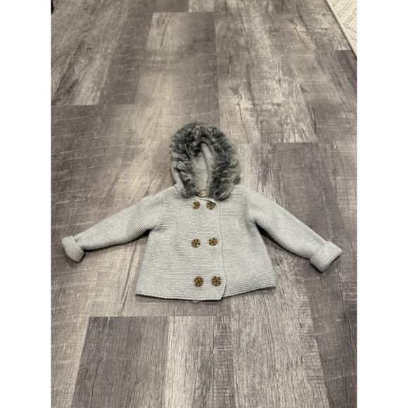 Hope and Henry 3 to 6 Months Gray Knit Cardigan Sweater Faux Fur Hooded Jacket - Picture 1 of 4